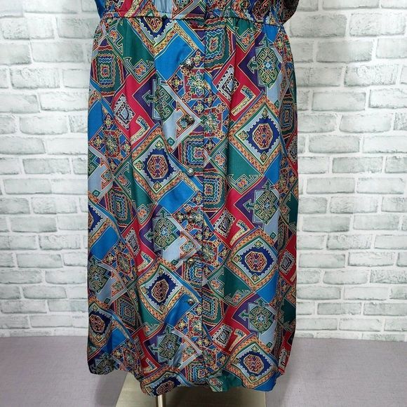 Vintage 80s Leslie Fay 12 Geo Abstract Button Front Shirt Midi Dress - Picture 4 of 10